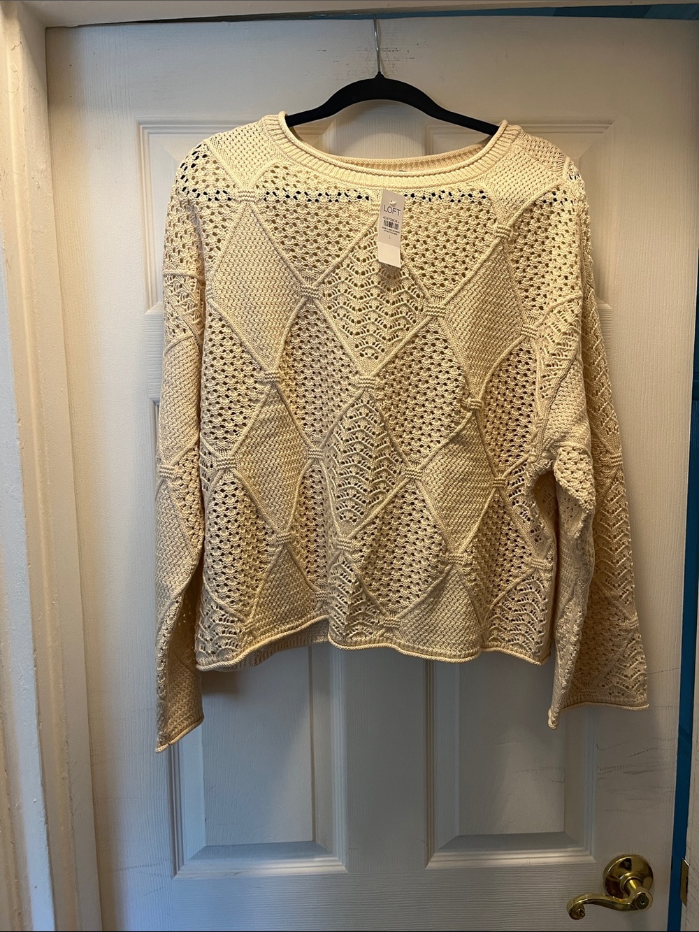 LOFT Cream Open-Knit Diamond-Pattern Sweater